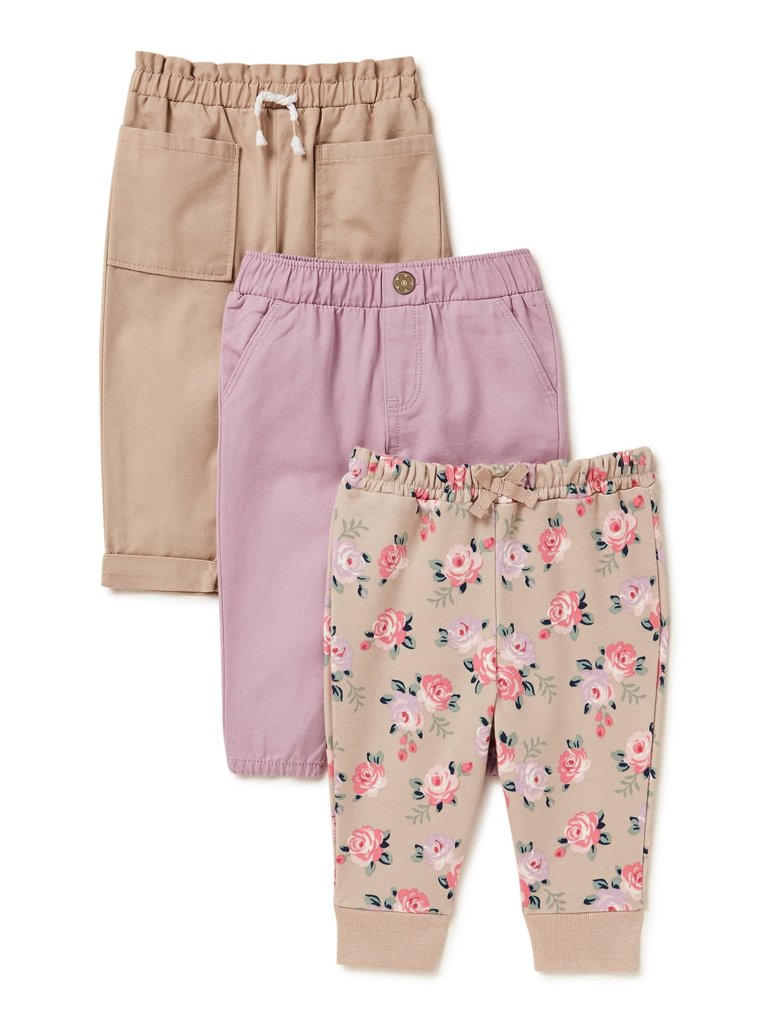 Garanimals Baby Girl Pull-On Pants and Joggers, 3-Pack, Sizes 0/3M-24M | Walmart (US)