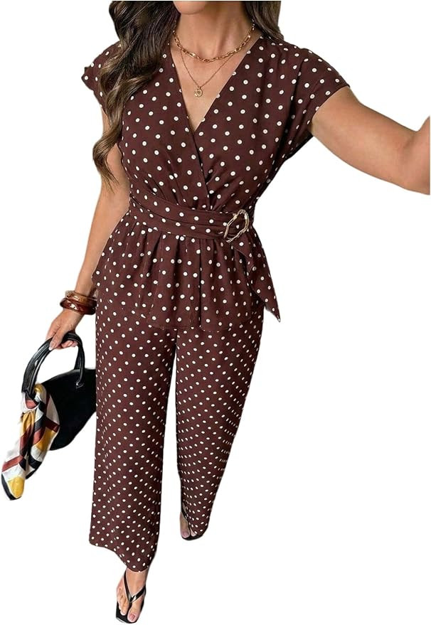 MakeMeChic Women's Elegant 2 Piece Set Polka Dots Wrap V Neck Peplum Tops and Pants Set Business ... | Amazon (US)