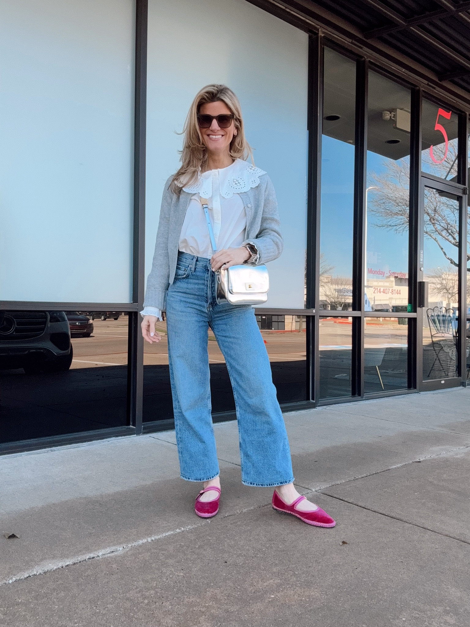 Wearing XS in top and cardigan 
Hemmed jeans 
Shoes are Fabelus