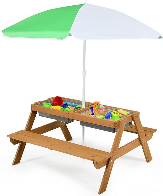 Costzon Kids Picnic Table, 3 in 1 Sand & Water Table w/Height Adjustable Umbrella, Removable Tabl... | Amazon (US)