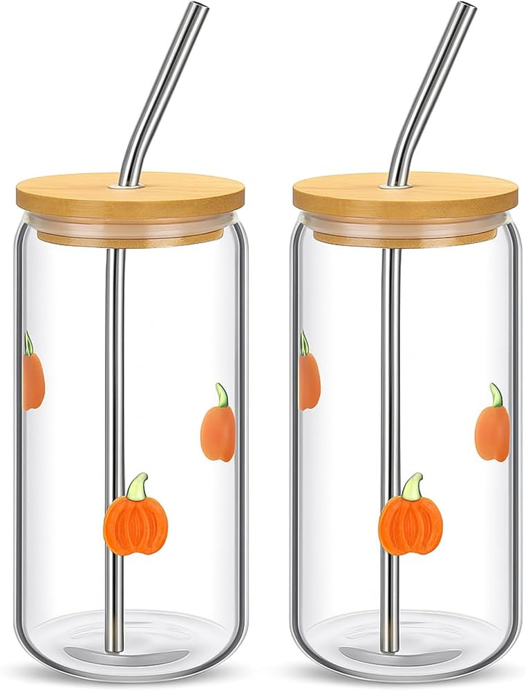 Honeydak 2 Pcs Pumpkin Icon Juice Glass Tumbler-18 oz Icon Can Shape Glass Cups with Lid and Stra... | Amazon (US)