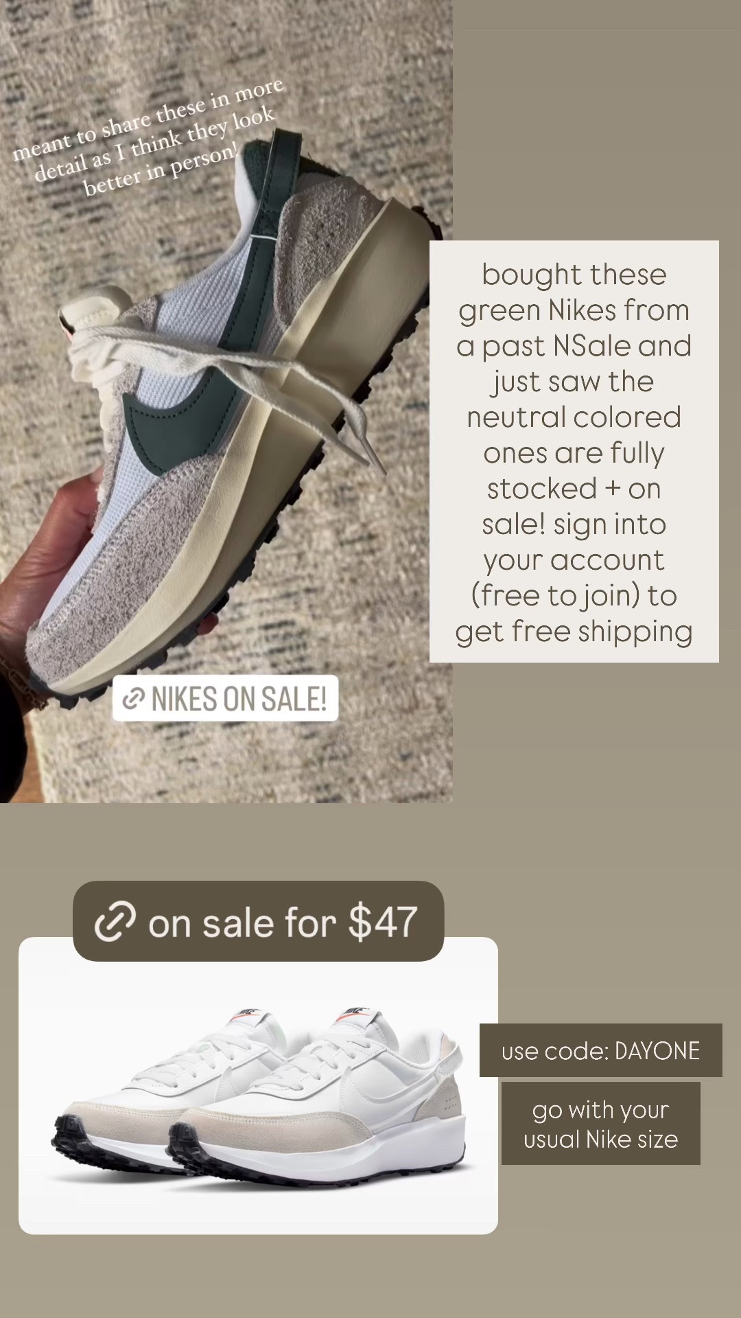 Neutral Nike sneakers on sale for $47 with code DAYONE 👟 create a free account to get free shipping. Go with your usual usual Nike size

#LTKSaleAlert