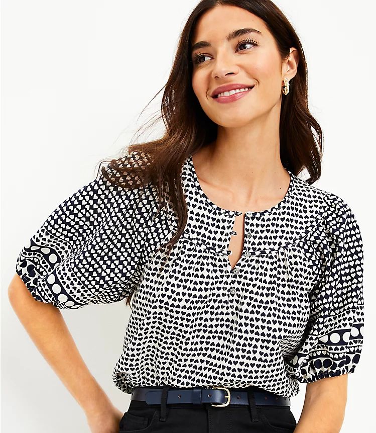 Dotted Round Yoke Puff Sleeve Top | LOFT