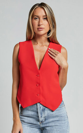Charla Top - Tailored Button Through Vest in Red | Showpo (ANZ)