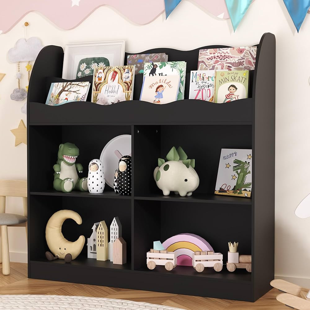 Black Kids Bookshelf, Toy Storage Organizer with Book Rack and 4 Storage Cubbies, Wooden Kids Boo... | Amazon (US)