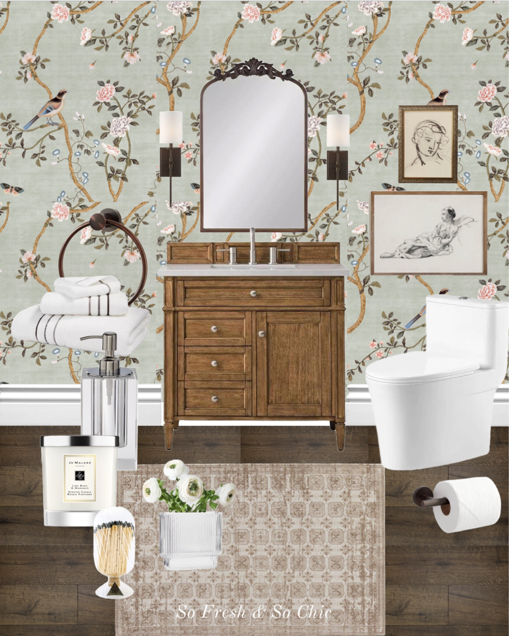 Powder room design with beautiful flowers and birds wallpaper.
-
Bathroom decor - bathroom Moodboard - bathroom design - bathroom wallpaper - wood vanity - arched ornate mirror - bronze wall sconces - minimalist toilet - Persian style rug - Lulu and Georgia - Overstock - Target - Home Depot - Kirklands - Williams Sonoma crystal soap dispenser - Jo Malone candle - match cloche - Amazon Home - bronze towel ring - bronze toilet paper holder - traditional bathroom - Afloral faux flowers - ribbed glass vase oval H&M Home - vintage portrait art - digital printable art - Etsy - affordable bathroom art 

#LTKhome #LTKsalealert