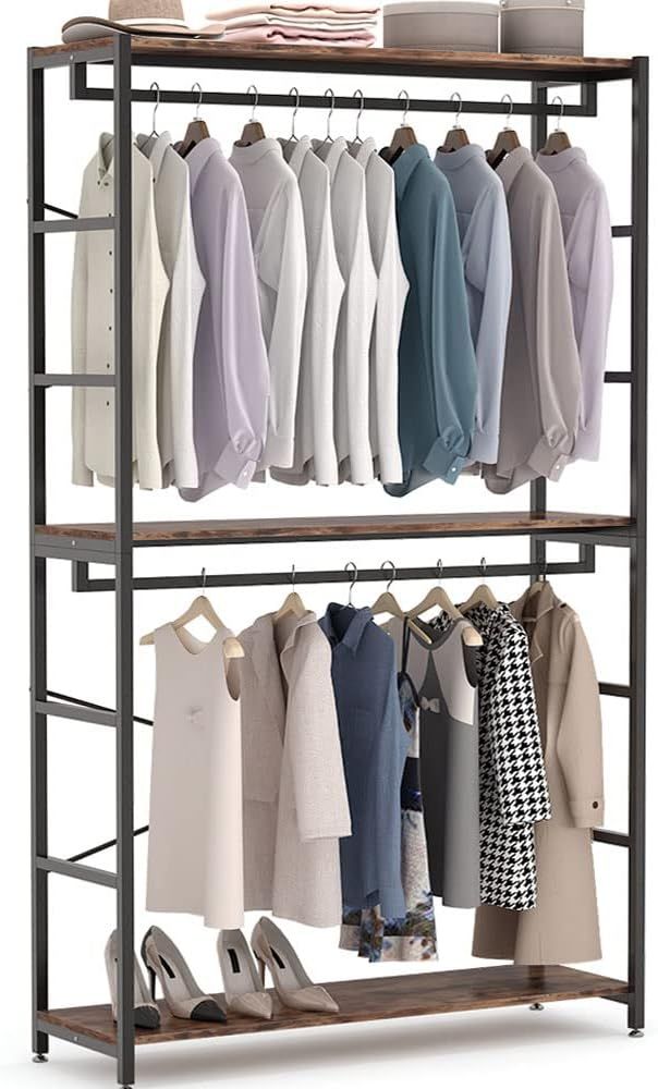 Tribesigns 47 inches Double Rod Closet Organizer, Tall Freestanding 3 Tiers Shelves Clothes Garme... | Amazon (US)