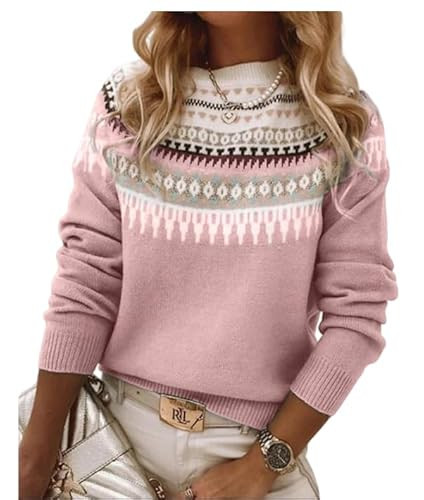 Women's Fair Isle Sweater Casual Vintage Crew Neck Knitted Sweater Cute Graphic Fall Fashion Pullover Jumper Tops Pink | Amazon (US)