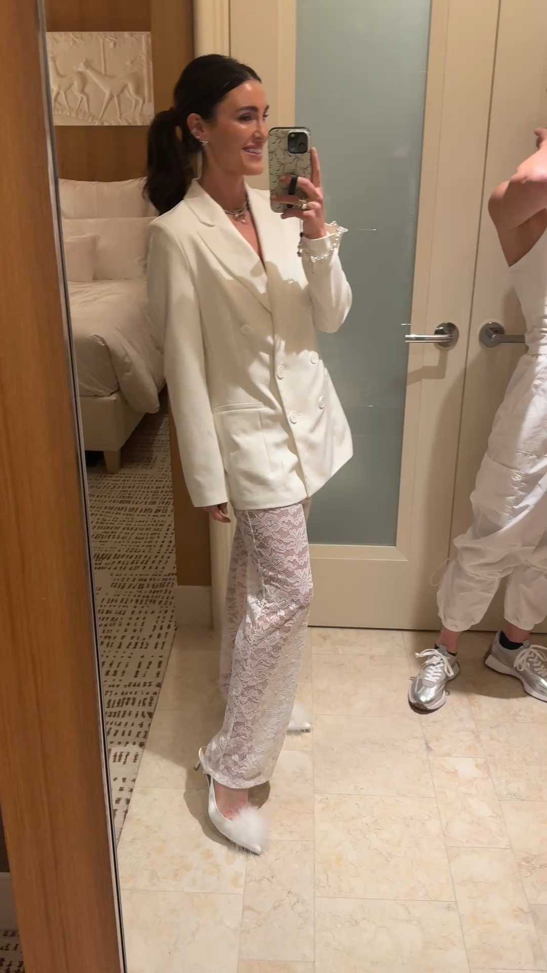 Backstreet Boys all white look from Amazon! White blazer and lace pants 🤍🤍  wearing smalls 

Vegas night out
Bride 
Bachelorette 
Date night 

#LTKWedding #LTKootd