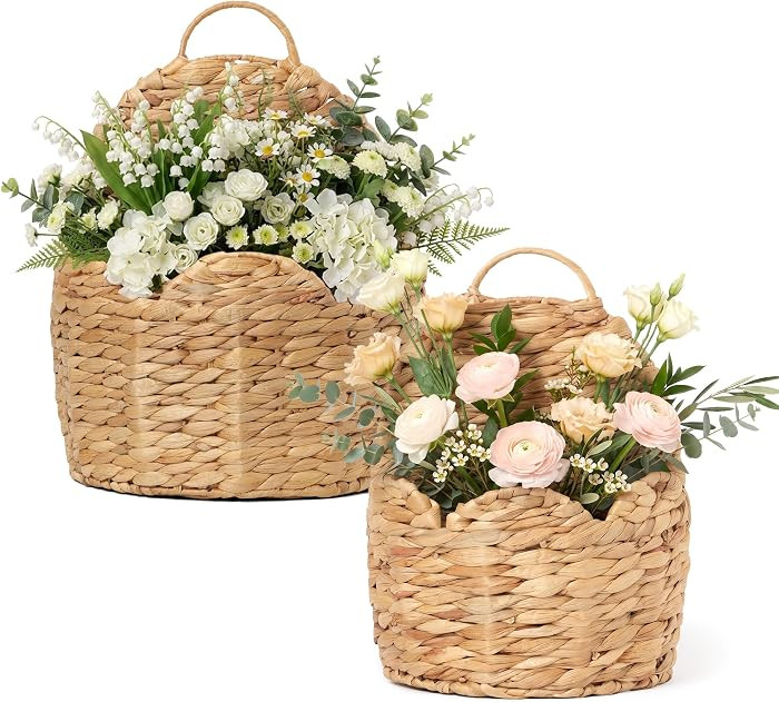 2 PC Door Basket Scalloped Hanging Storage Basket,Water Hyacinth Woven Wall Baskets for Front Doo... | Amazon (US)
