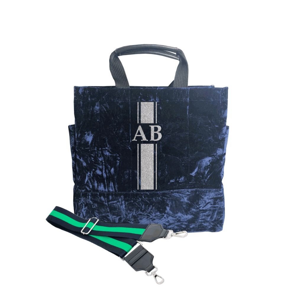 Monogram Stripe Luxe North South: Midnight Blue Crushed Velvet | Quilted Koala