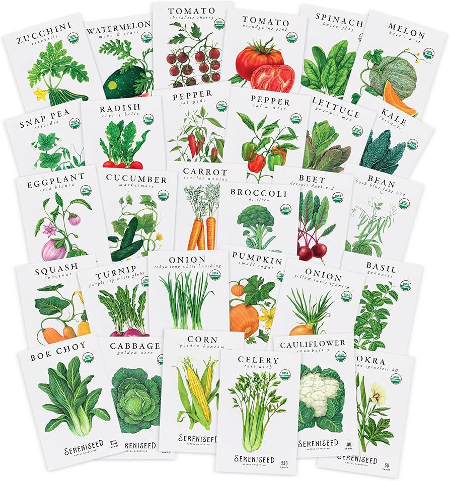 Sereniseed Certified Organic Vegetable Seeds (30-Pack) – Non GMO, Open Pollinated - Basil, Snap... | Amazon (US)