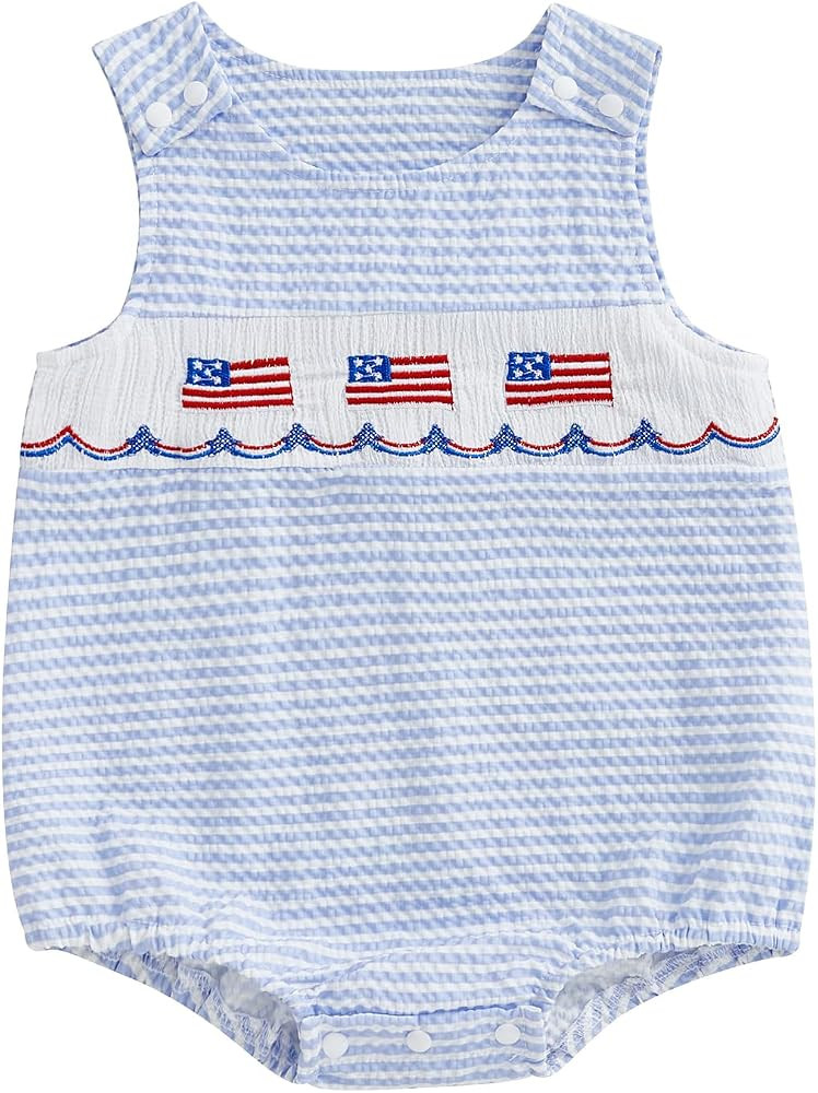 Twopumpkin Baby 4th of July Romper Striped Letter Embroidered Sleeveless Bodysuit Casual Infant O... | Amazon (US)