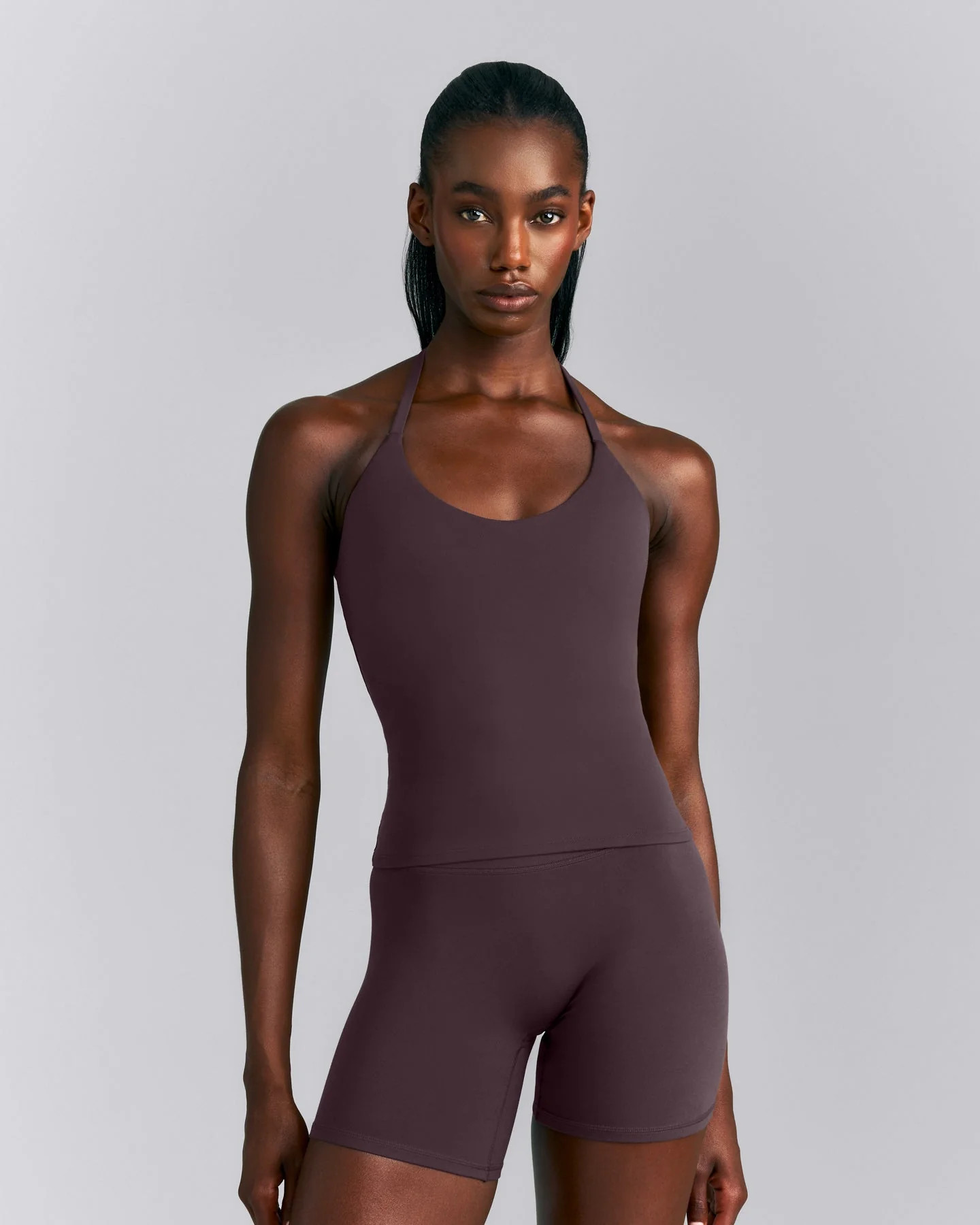 SoftMotion\u2122 Strappy Halter Neck Vest with Built in Bra Shelf New Branding 
 Dark Umber Brown | Oner Active (UK / US)
