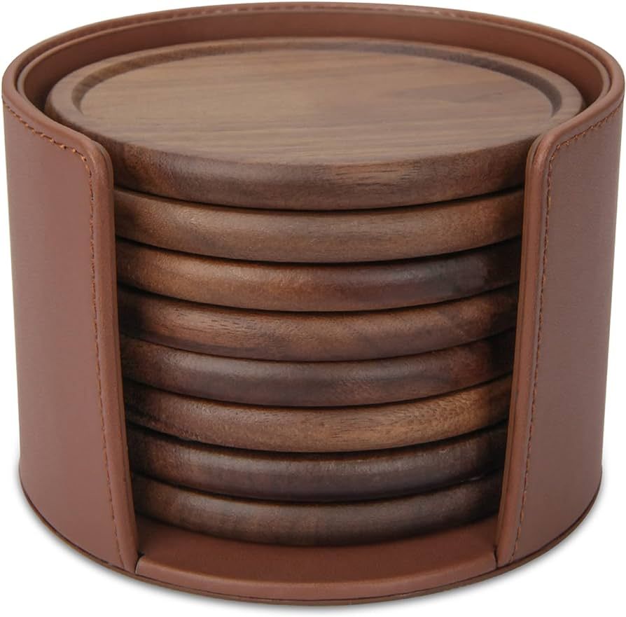 Wood Drink Coasters with Leather Holder, GOH DODD 4 Inch 8 Pieces Wooden Coasters Cup Coaster Set... | Amazon (US)