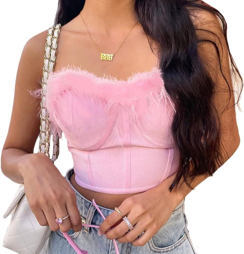 Women Feather Trim Corset Bandeau Tube Crop Tops Bustier Satin Faux Fur Sleeveless Tank Bra | Amazon (US)