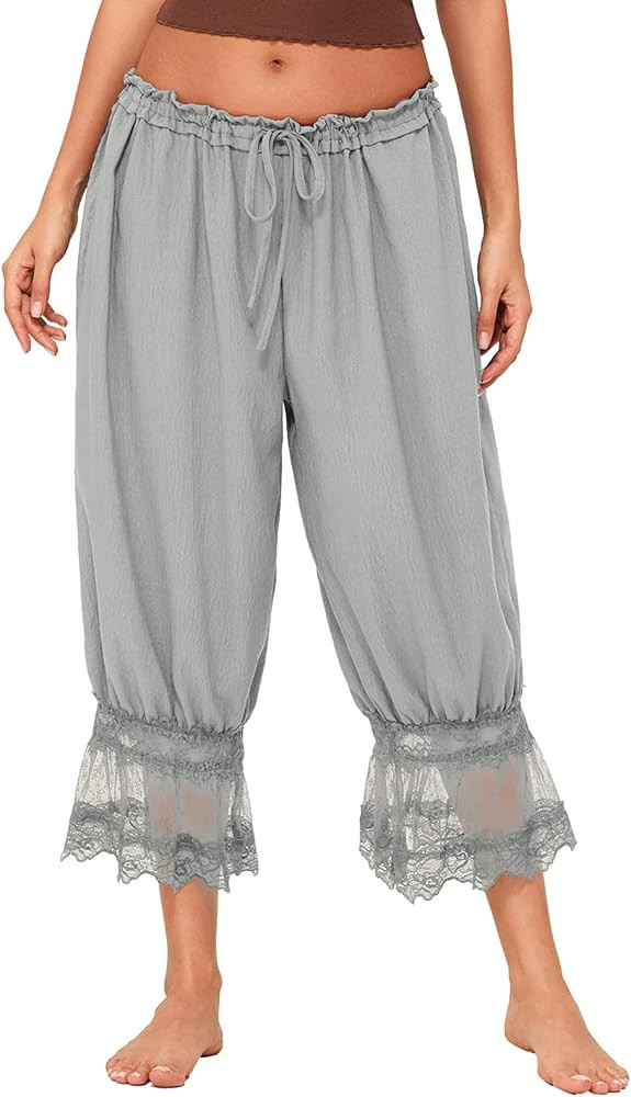 Womens Long Bloomers Boho Flowy Mid Rise Cropped Lace Trim Pantaloons Lantern Trousers | Amazon (US)