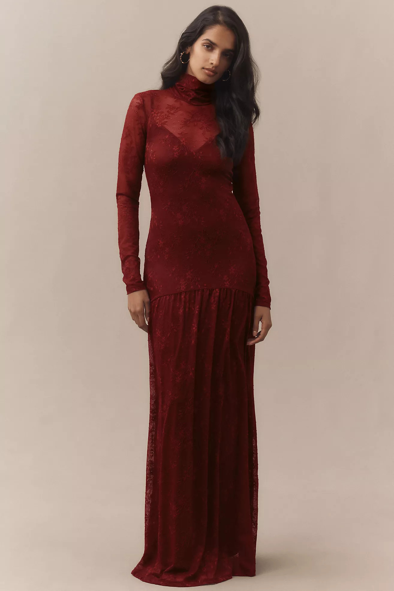 AFRM Amala High-Neck Long-Sleeve Stretch Lace Maxi Dress | Anthropologie (US)