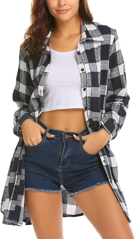 Womens Flannel Plaid Shirts Roll Up Long Sleeve Pockets Mid-Long Casual Boyfriend Shirts | Amazon (US)
