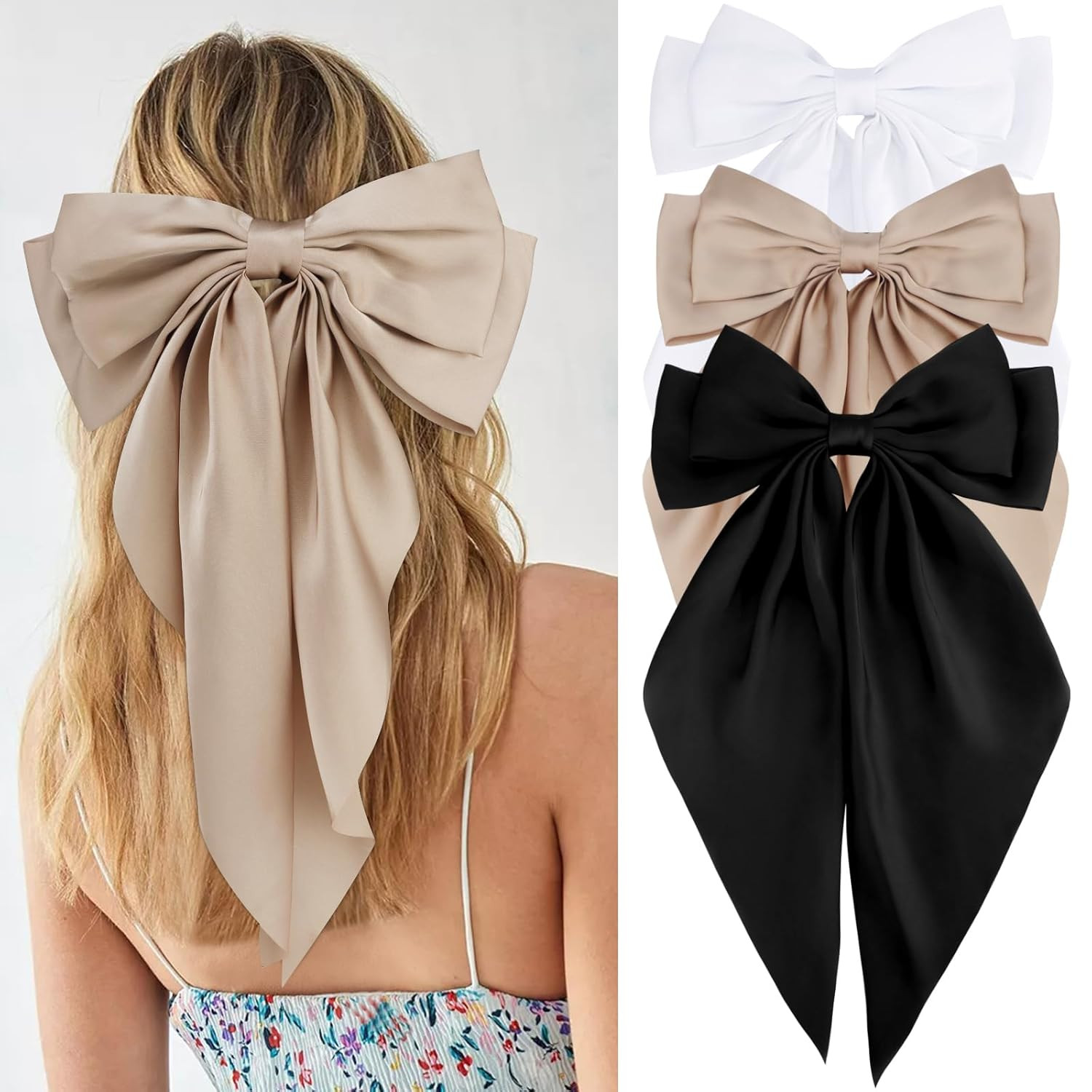 Velscrun 3Pcs Women's Hair Accessories Gifts: White, Black, and Khaki Oversized Satin Hair Bows w... | Amazon (US)