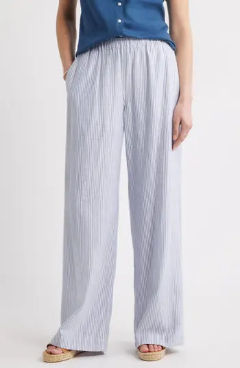 Caslon® Stripe Wide Leg Linen Blend Pants in Blue- White Harper Stripe at Nordstrom Rack, Size Large | Nordstrom Rack