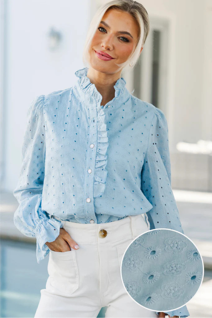 So True Light Blue Eyelet Ruffle Blouse | The Mint Julep Boutique