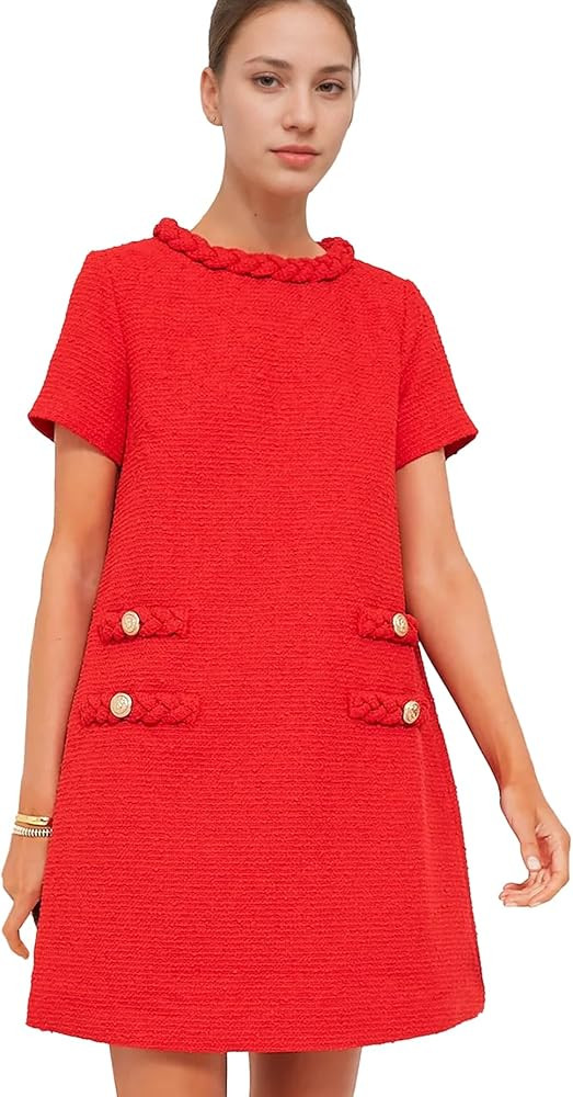 Womens Tweed Jackie Dress Elegant Crew Neck Short Sleeve Button Bodycon Mini Dress | Amazon (US)