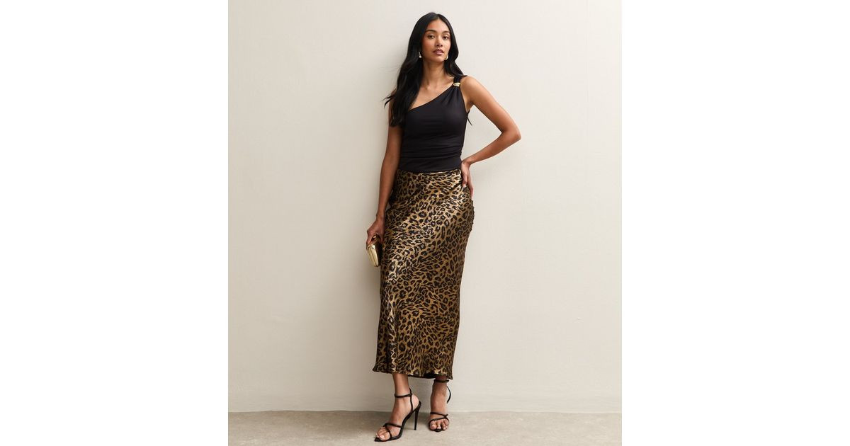 Gold Animal Print Satin Bias Cut Midi Skirt | New Look | New Look (UK)