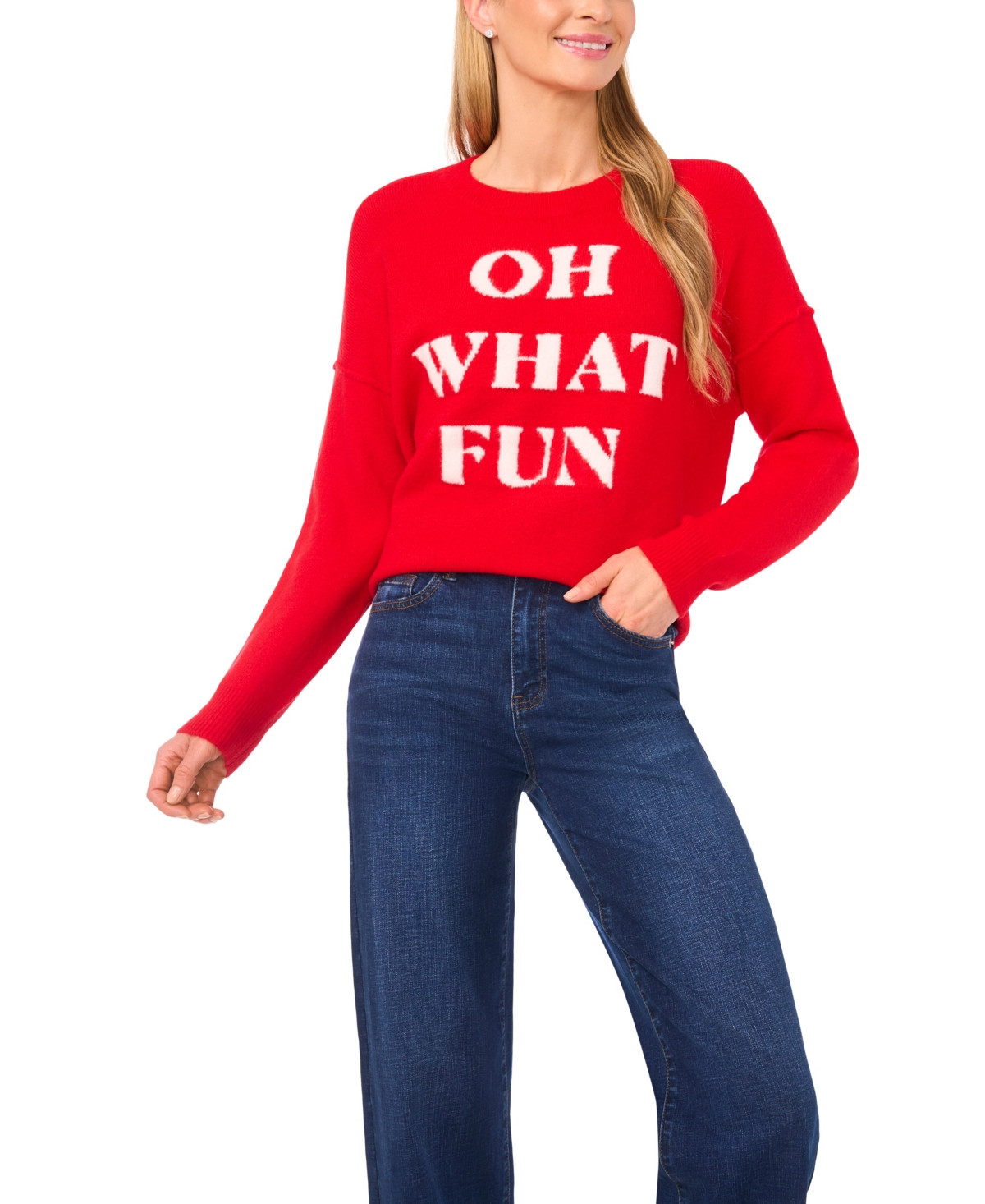 CeCe Women's Oh What Fun Crewneck Sweater - Bright Cherry | Macy's
