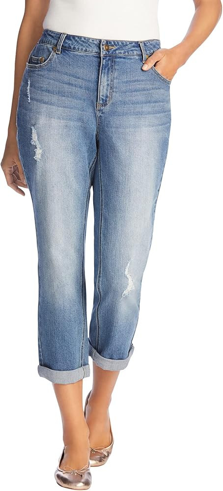Woman Within Plus Size Stretch Denim Five-Pocket Girlfriend Jeans | Amazon (US)