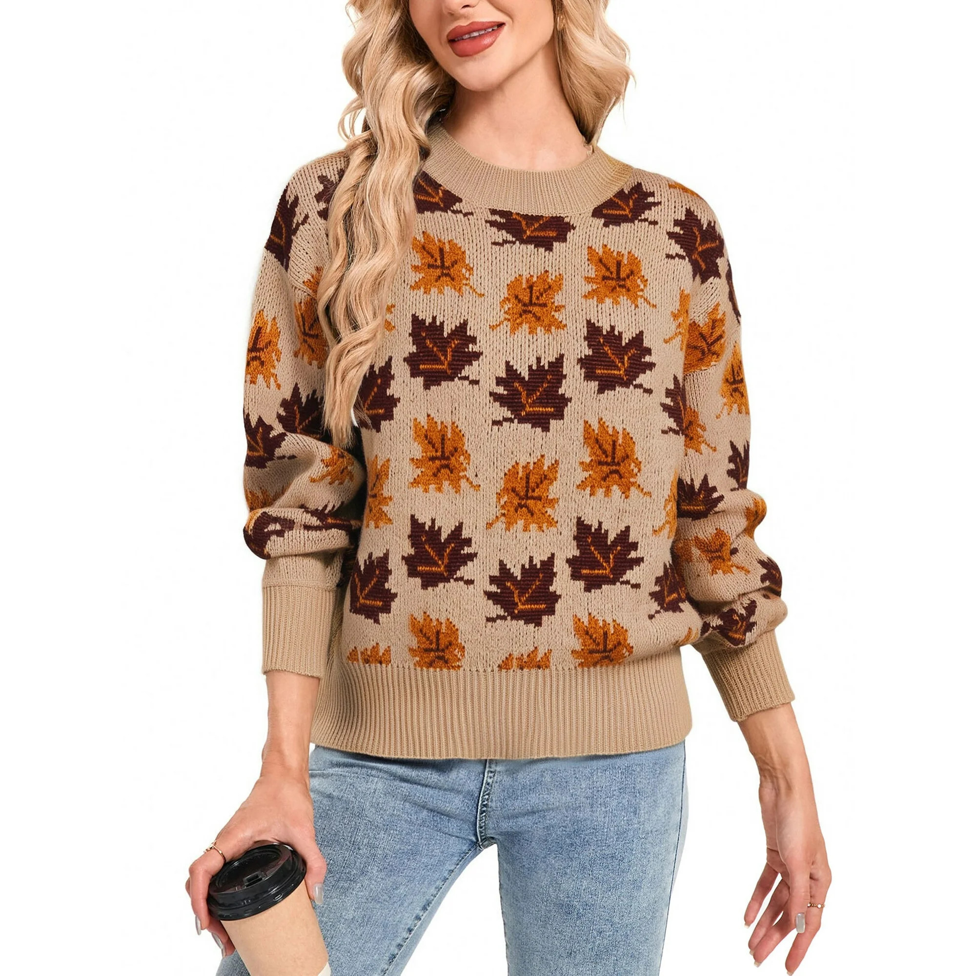 Pullover Sweaters for Women Y2K Maple Leaves Print Crewneck Fall Winter Halloween Knitted Sweater... | Walmart (US)