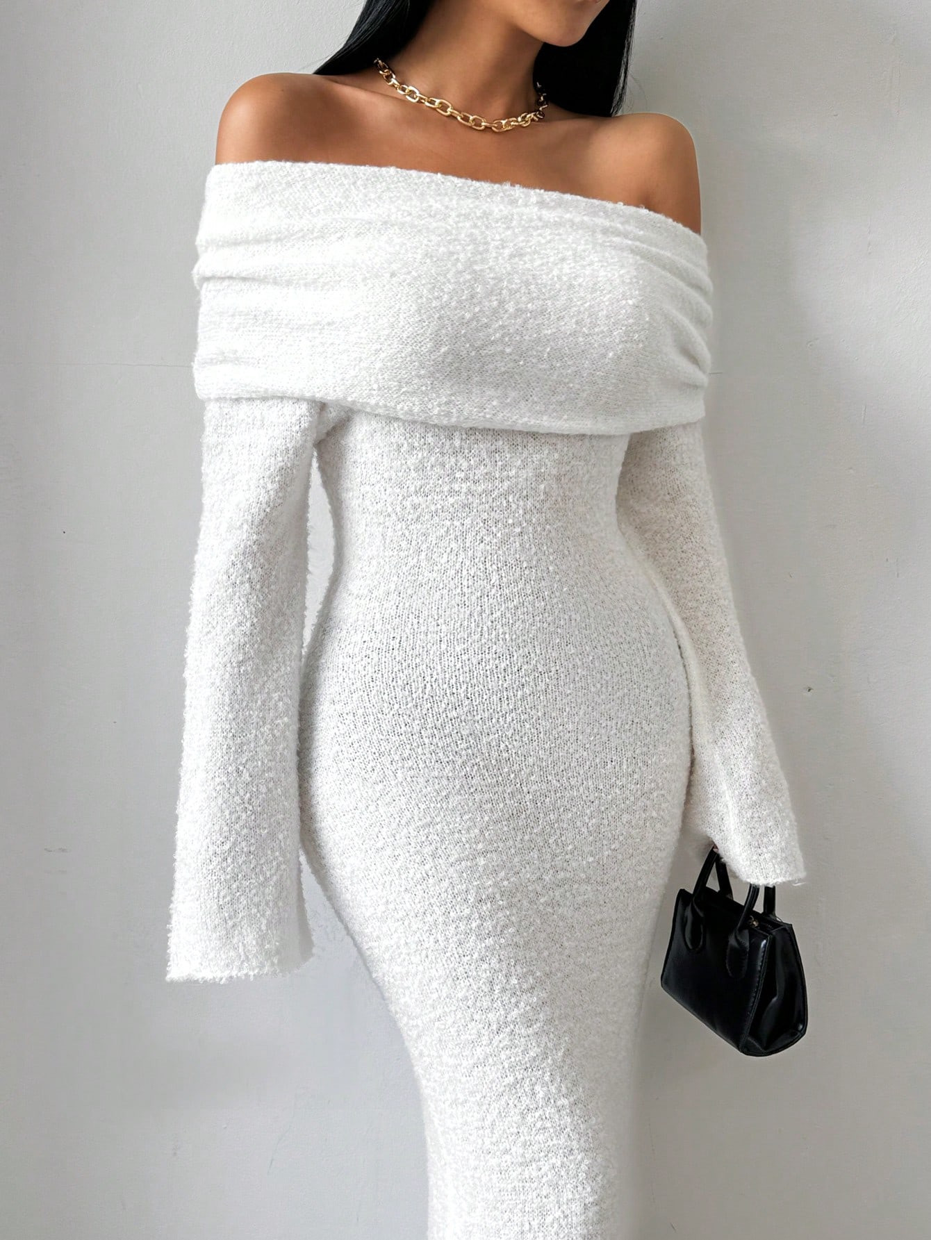 SHEIN Privé 1pc Women's Off-Shoulder Textured White Flared Sleeve Fitted Bodycon Sweater Dress |... | SHEIN