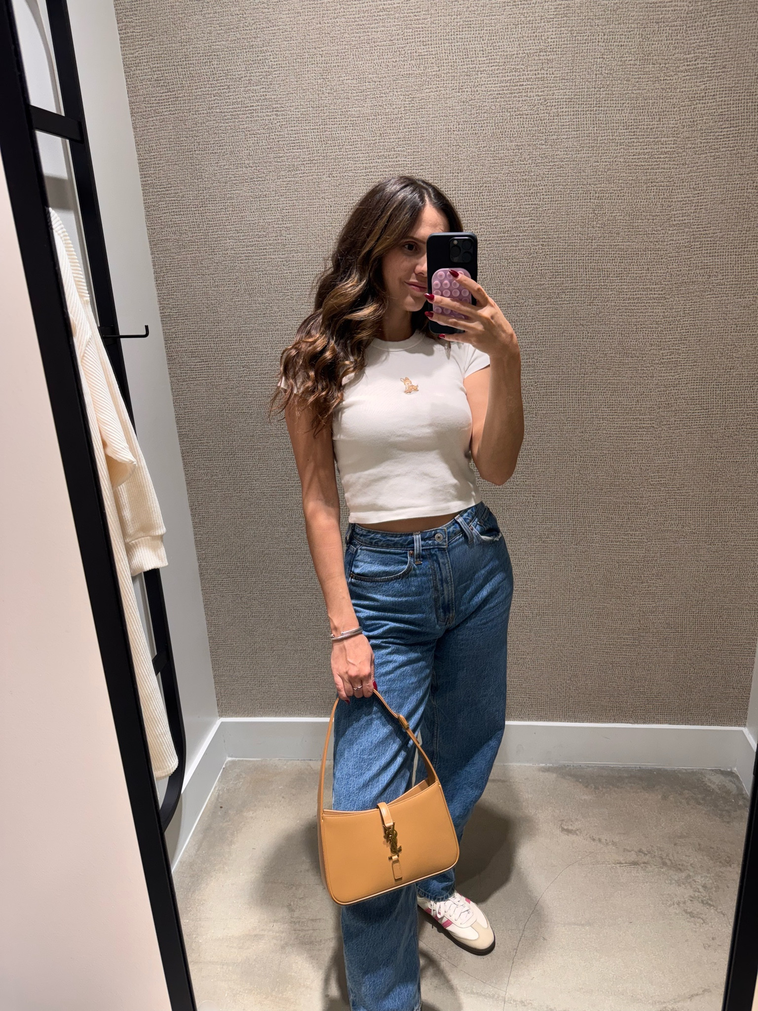 White tee and Abercrombie jeans 