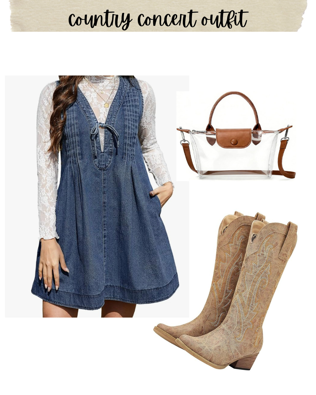 the absolute cutest county concert outfit - both with an without the lace shirt! 

denim dress | cowboy boots | stadium bag | lace layering top 

 #LTKmomlife #LTKOver40 #LTKMidsize