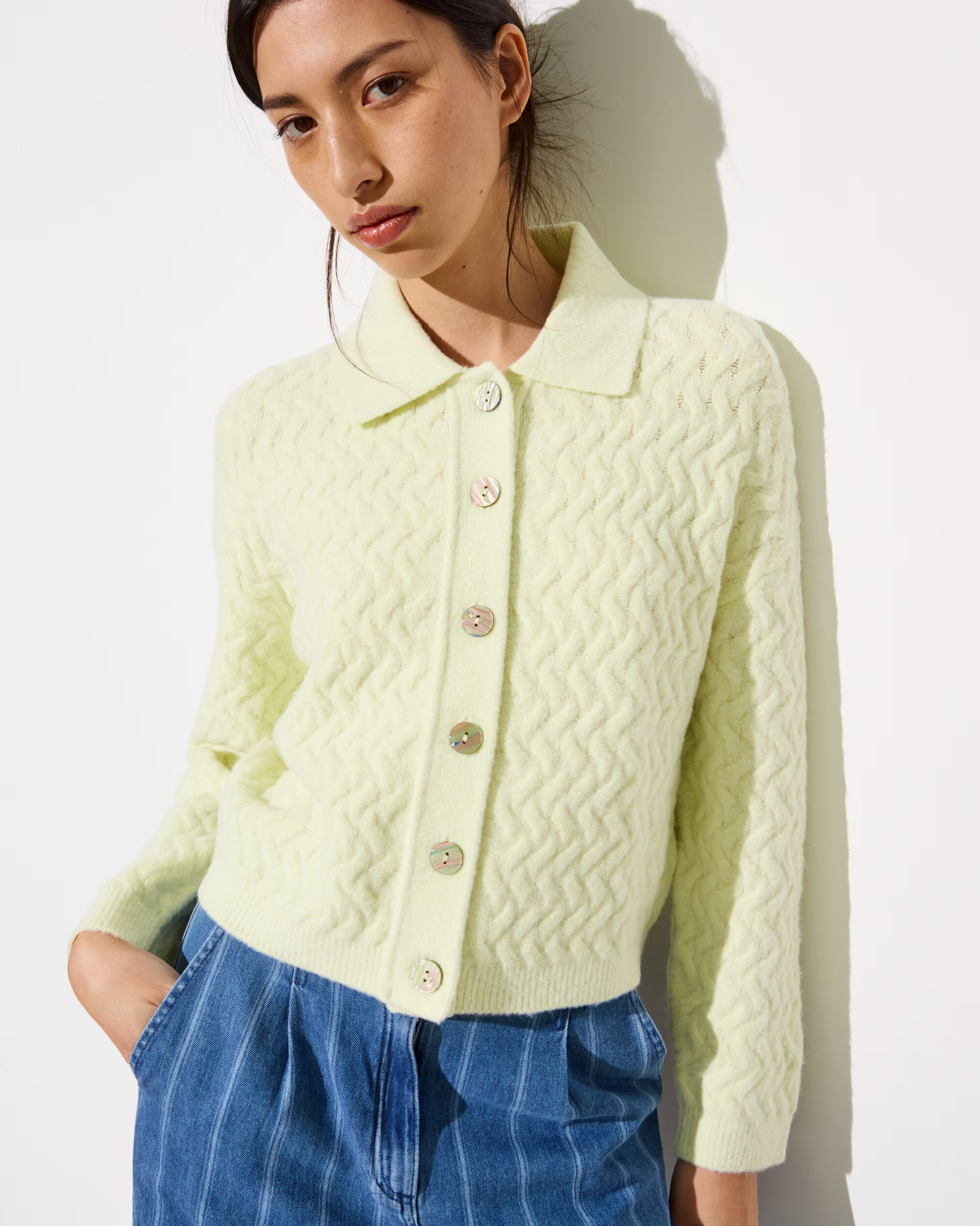Pale Yellow Collared Knitted Cardigan, size 12 | Oliver Bonas (Global)