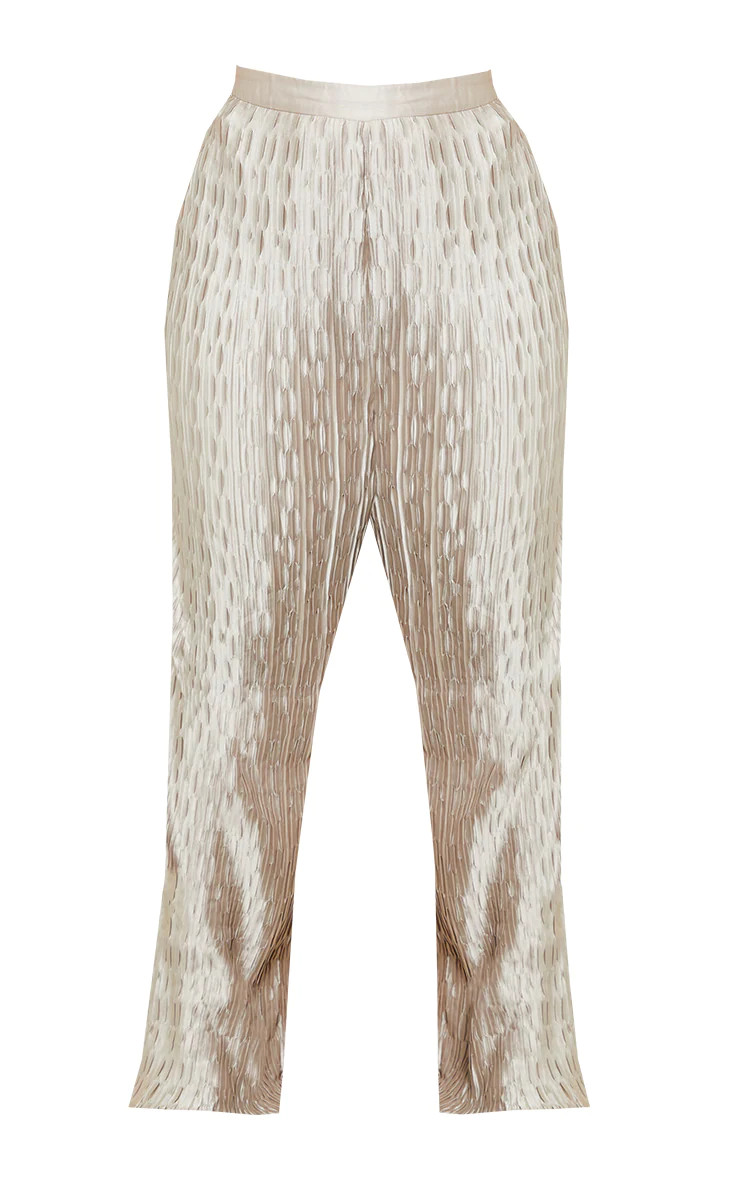 Plus Oatmeal Plisse Wide Leg Pants | PrettyLittleThing US