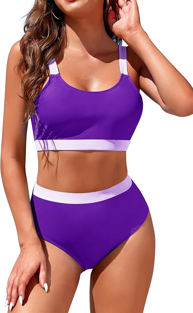 Womens High Waisted Bikini Sets Sporty Crop Top Color Block Swimwear Bandeau Scoop Neck Vintage T... | Amazon (US)