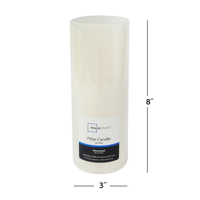 Mainstays Single Wick 3" x 8" Pillar Candle, Unscented, Ivory | Walmart (US)