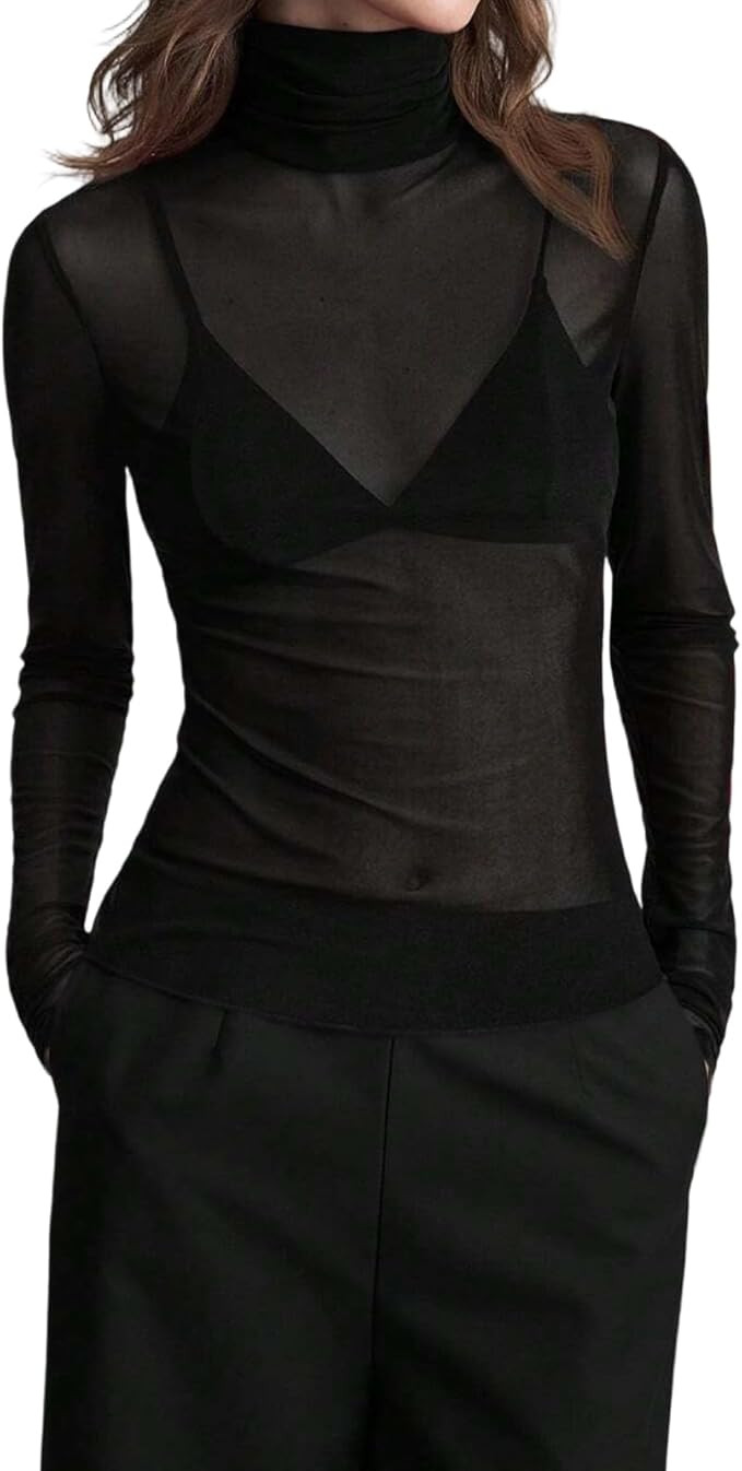 FEORJGP Womens Mesh Long Sleeve Tops Turtleneck See Through Slim Fitted Blouse Sheer Going Out Cl... | Amazon (US)