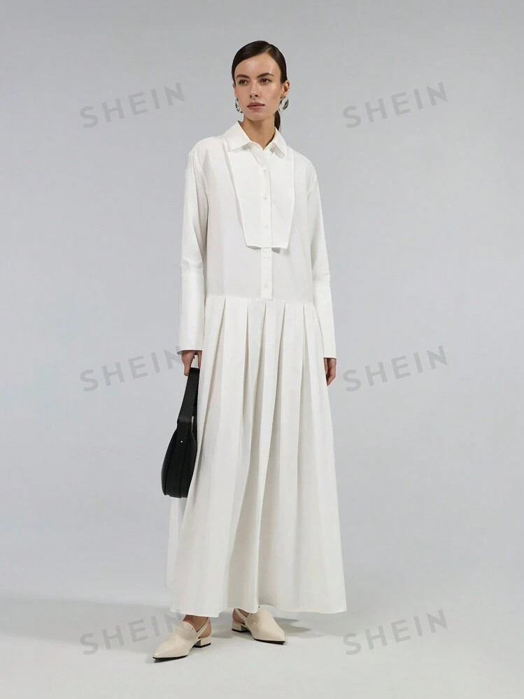 NewOntre Women's Solid Color Front Button Long Sleeve Pleated Minimalist Casual Dress | SHEIN