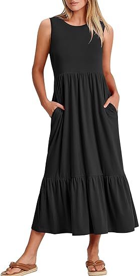 ANRABESS Women's Summer Casual Sleeveless Crewneck Swing Sundress Fit & Flare Flowy Tiered Maxi D... | Amazon (US)