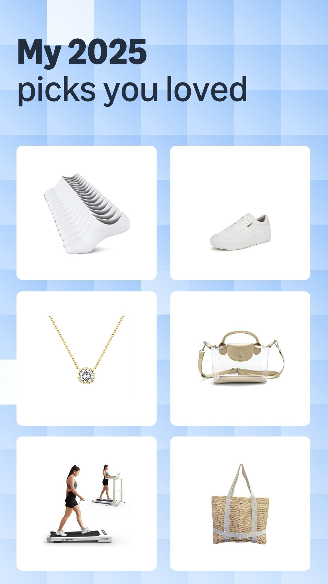 Amazon best sellers of 2025! 
•Walking pads were linked together so I added the exact one I have
•no slip socks
•most comfortable fashion sneakers. Cute with dresses or jeans. 
•necklace I’ve worn everyday for 6 months
•stadium/concert bag
•beach bag that holds your hat


#LTKFindsUnder100 #LTKFindsUnder50