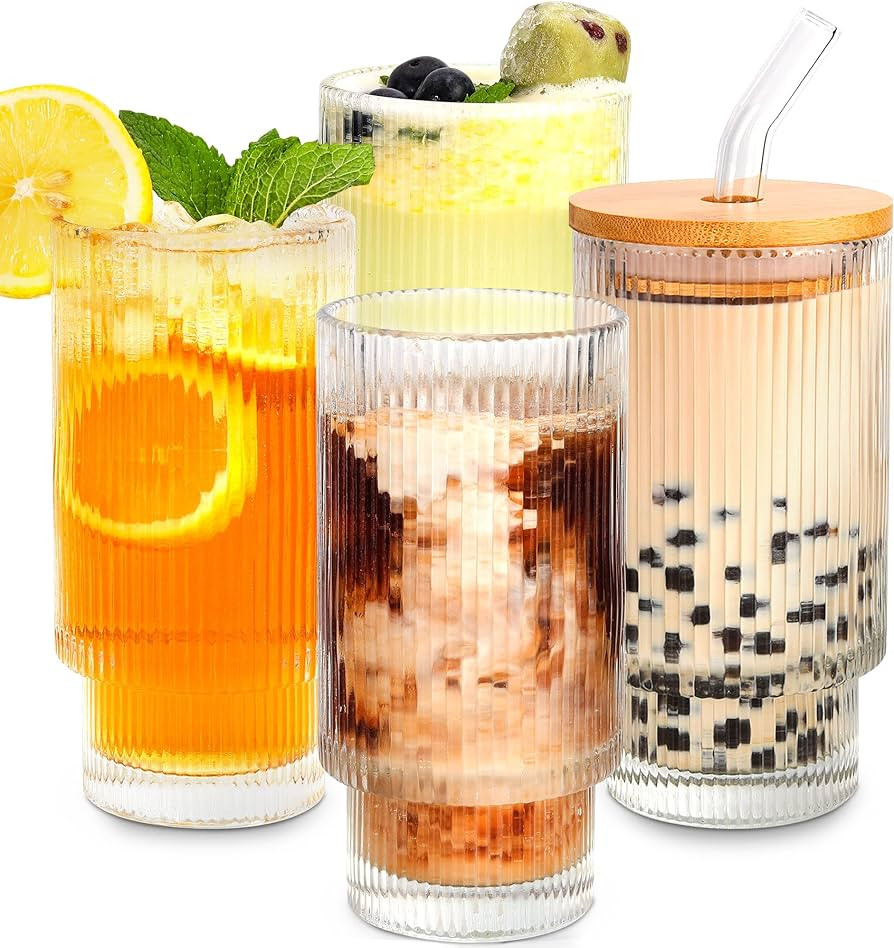 Rantonly 4Pack Ribbed Glass Cups 16oz with Bamboo Lids and Straws, Drinking Glasses Tumbler Cups-... | Amazon (US)