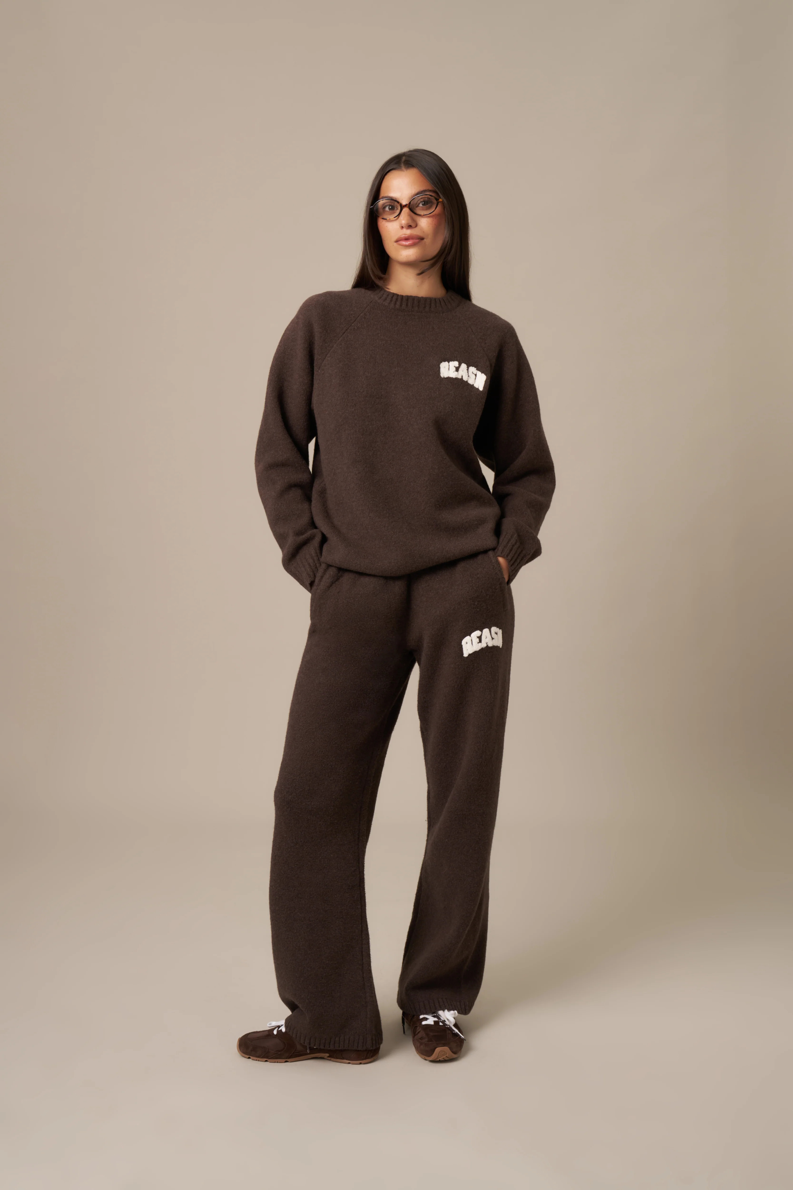 Wide Leg Boucle Branded Knitted Trousers - Espresso | Reasn