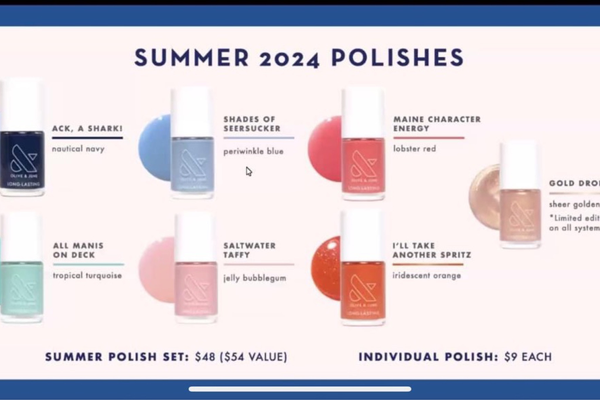 Ack a Shark!  All Summers, winters
Shades of Seersukcer:  All summers, light spring
Maine Character Energy:  all springs, warm autumn, light summer
All manis on deck:  light spring, light summer
Saltwater taffy:  all summers, all springs
I’ll take another Spritz:  all springs, all autumns

#LTKBeauty #LTKSeasonal #LTKFindsUnder50