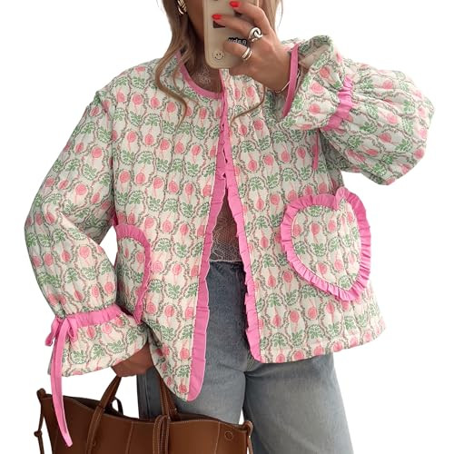 Quilted Jackets for Women Cropped Puffer Jacket Lightweight Floral Print Open Front Vintage Jacke... | Amazon (US)