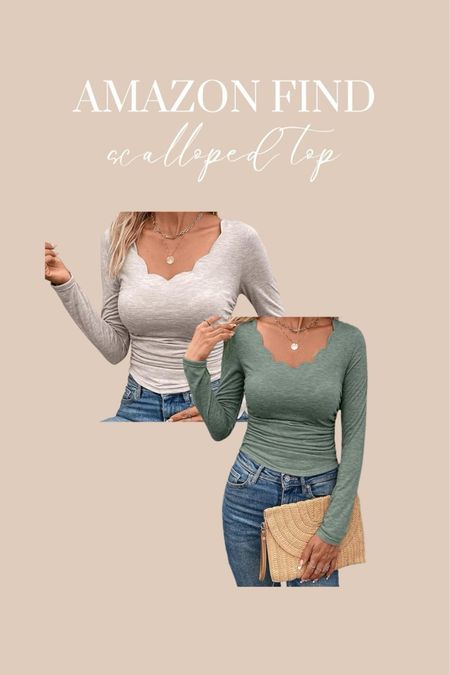 Scalloped trim v neck long sleeve t shirt. Comes in 4 colors and they’re all so cute! Only $22.99! 

#LTKfindsunder50 #LTKitbag #LTKstyletip