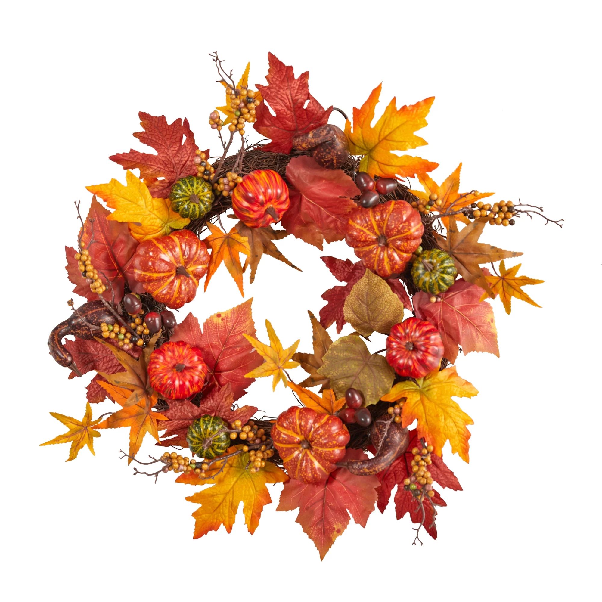 Nearly Natural Plastic Thanksgiving Autumn Artificial Fall Wreath, with Pumpkin Berries 24" (Oran... | Walmart (US)