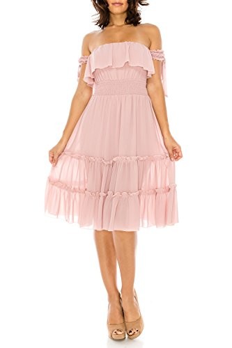 StyleEvery1 Women’s Off Shoulder Smoked Waist Tiered Summer Casual Midi Dress (Small, Mauve) | Amazon (US)