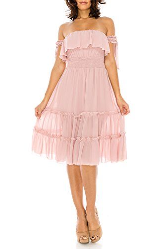 StyleEvery1 Women’s Off Shoulder Smoked Waist Tiered Summer Casual Midi Dress (Small, Mauve) | Amazon (US)